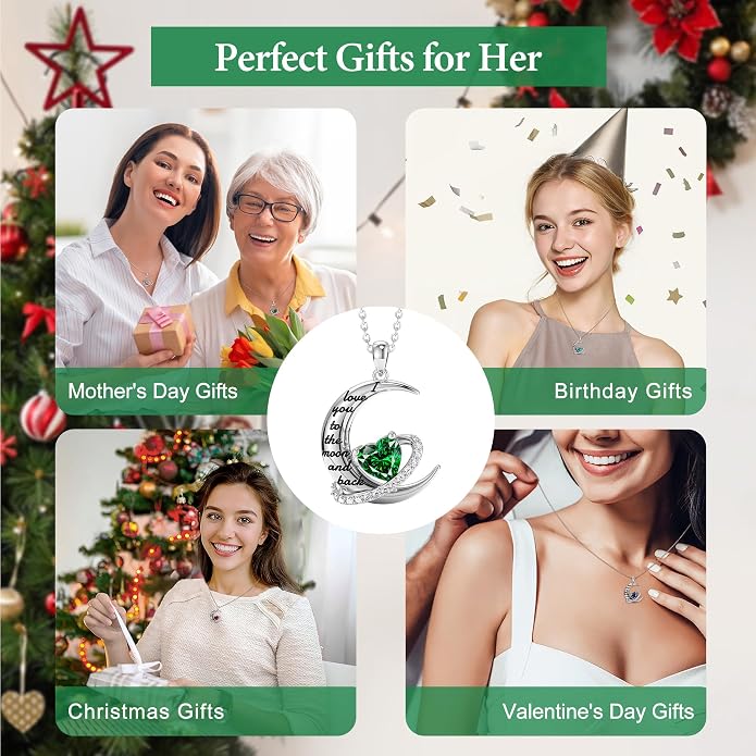 Distance I Love You to The Moon and Back Necklace for Women, S925 Sterling Silver Forever Love Heart Birthstone Necklace, Anniversary Birthday Jewelry for Wife Lover