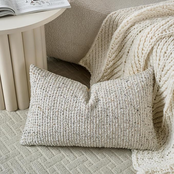DEZENE Striped Throw Pillow Covers 12x20 Set of 2 Cream Grey Textured Boucle Chic Morden Boho Accent Farmhouse Rectangular Lumbar Decorative Couch Pillow Covers for Home Decor Bed Sofa Living Room