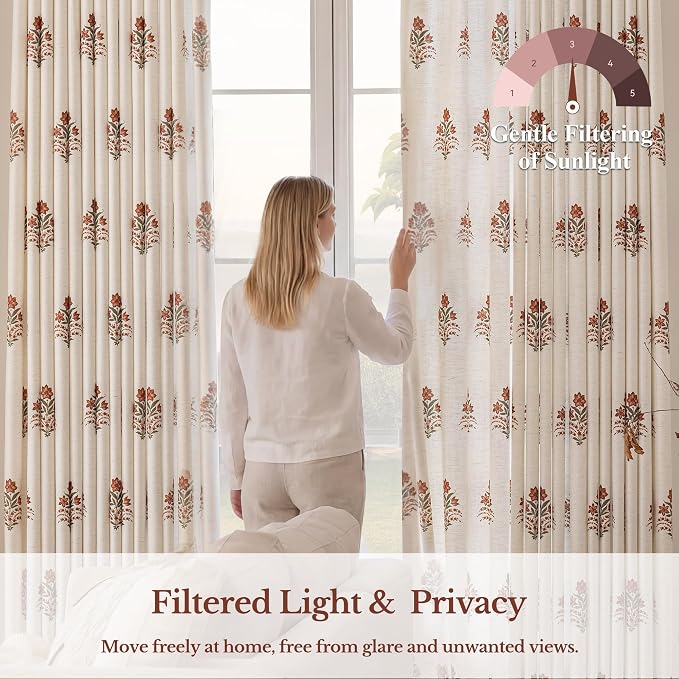 Pinch Pleated Curtains for Living Room: Light Filtering Floral Curtains 95" White Brown Linen Blend Drapes for Bedroom Dining Room Nursery, OEKO‑TEX Certified, Easy Care, 2 Panels Set, 40"x95"