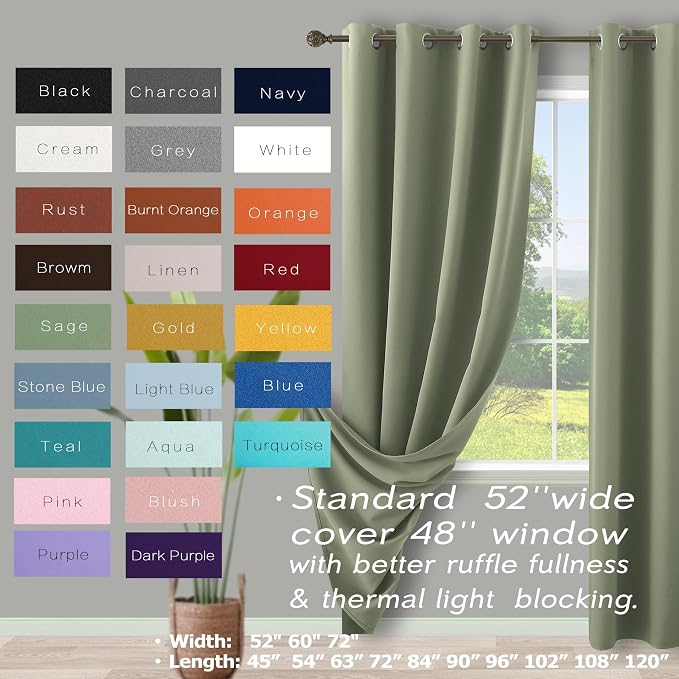 KOUFALL Dark Sage Curtains 72x63 Inches Long for Dining Room 2 Panels Blackout Room Darkening Curtain for Bedroom