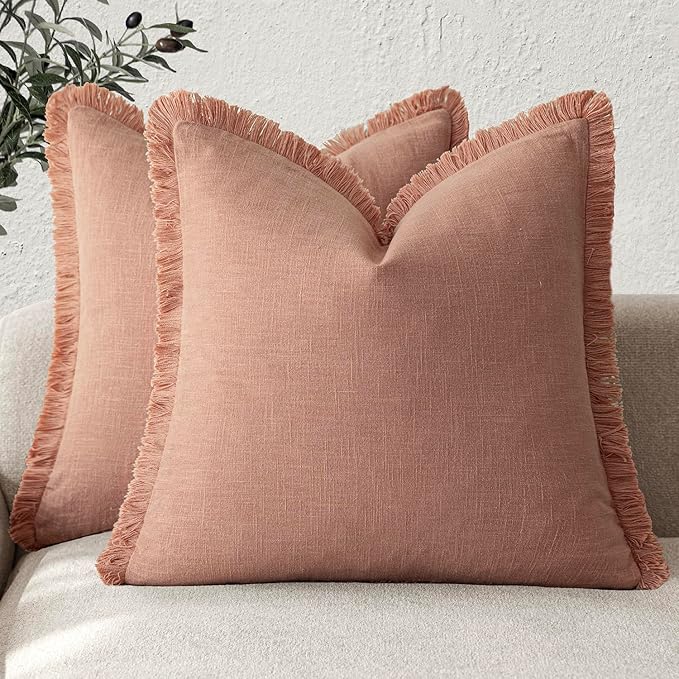 Foindtower Set of 2 Decorative Linen Fringe Throw Pillow Covers Cozy Boho Farmhouse Cushion Cover with Tassels Soft Accent Pillowcase for Couch Sofa Bed Living Room Home Decor,24×24 Inch,Coral Pink