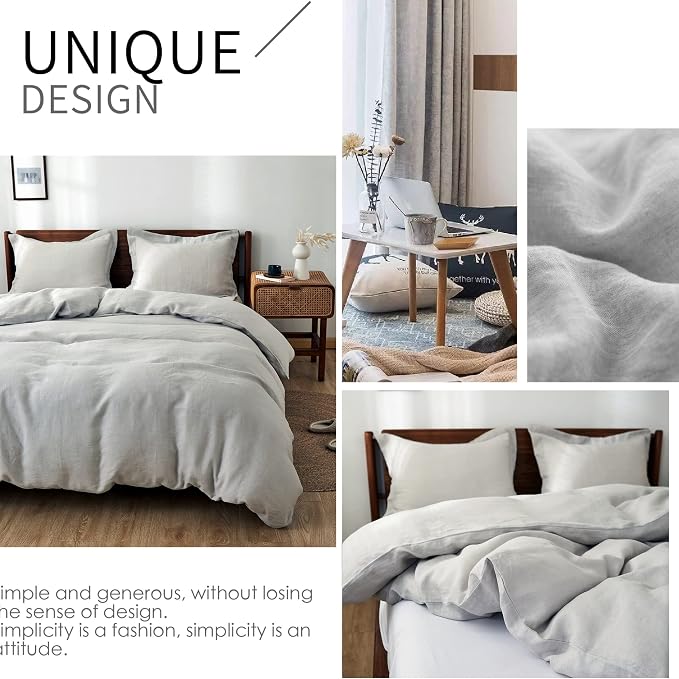 Simple&Opulence 100% Linen Duvet Cover Set 3pcs Basic Style Natural French Washed Flax Solid Color Soft Breathable Farmhouse Bedding with Button Closure - Light Grey, King