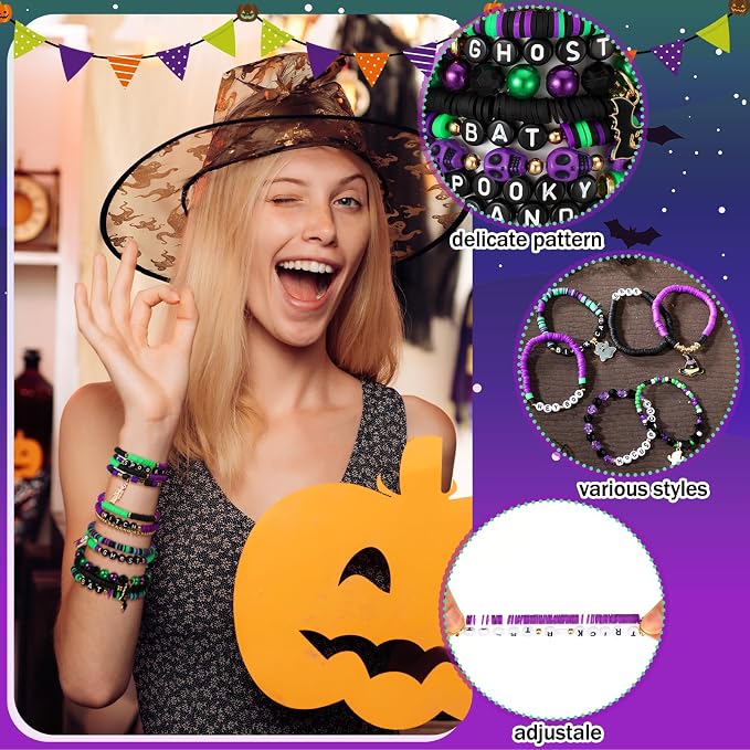 Landical 64 Pcs Halloween Bracelets Bulk for Women Vinyl Disc Clay Party Favor Bracelet Pack Halloween Beaded Accessories Jewelry for Goody Bag Fillers Party Supplies