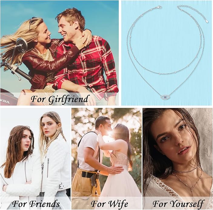 Layered Choker Necklaces for Women S925 Sterling Silver Circle/Heart/Cross/Star Multi Layered Necklace Handmade Bead Chain Adjustable Jewelry for Birthday