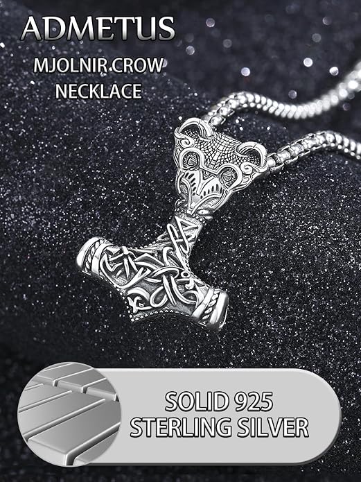 ADMETUS 925 Sterling Silver Thor Hammer Necklace Viking Mjolnir Pendant Jewelry Gifts for Men with 2.5mm 22"+2" Rolo Chain