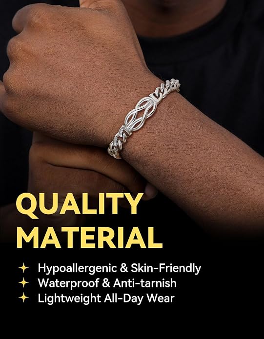 ChainsHouse Square Love Knot Bracelets for Men Braided Leather Stainless Steel Infinity Bracelets with Love Message Card Aniversary Birthday Gift for Men/Love/Husband/Dad