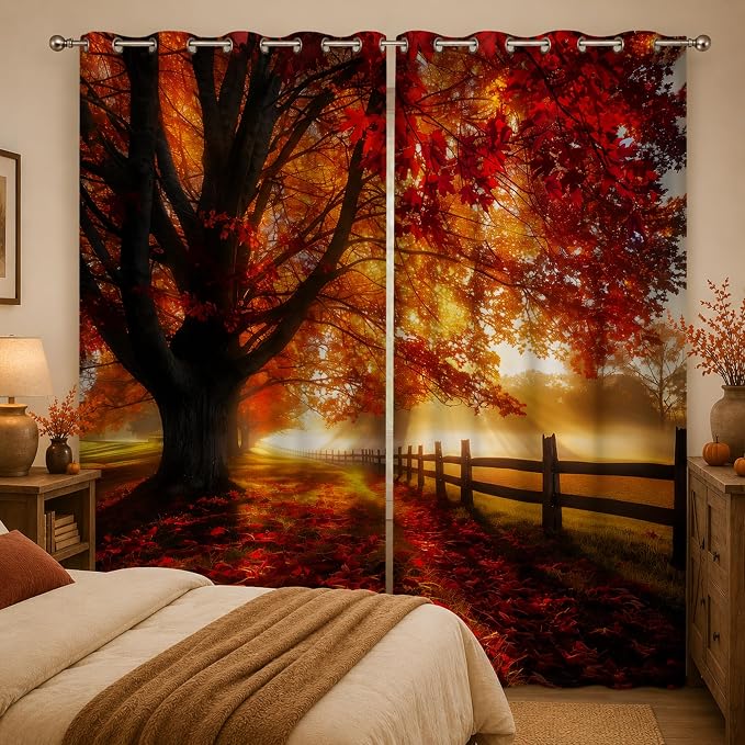 Red Maple Forest Window Curtains 52 x 63 in, Fall Landscape Drapes with Autumn Trees and Sunrise Scene, Woodland Curtains for Living Room Bedroom