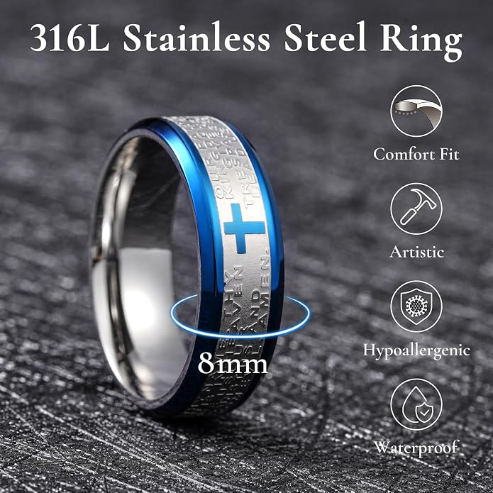 King Will Stainless Steel Men Ring Lord's Prayer Cross Ring Stainless Steel Men Wedding Ring, Wedding Band Bible Engraved Rings High Polished, Comfort Fit
