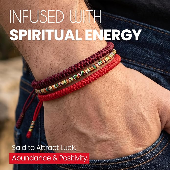 Buddha & Karma Tibetan Lucky Rope Bracelets - Handmade Rope Bracelet with Endless Knot for Mindfulness- Protection Bracelets with Lava Stone Beads to Balance Energy - Adjustable Bracelet for Men & Women