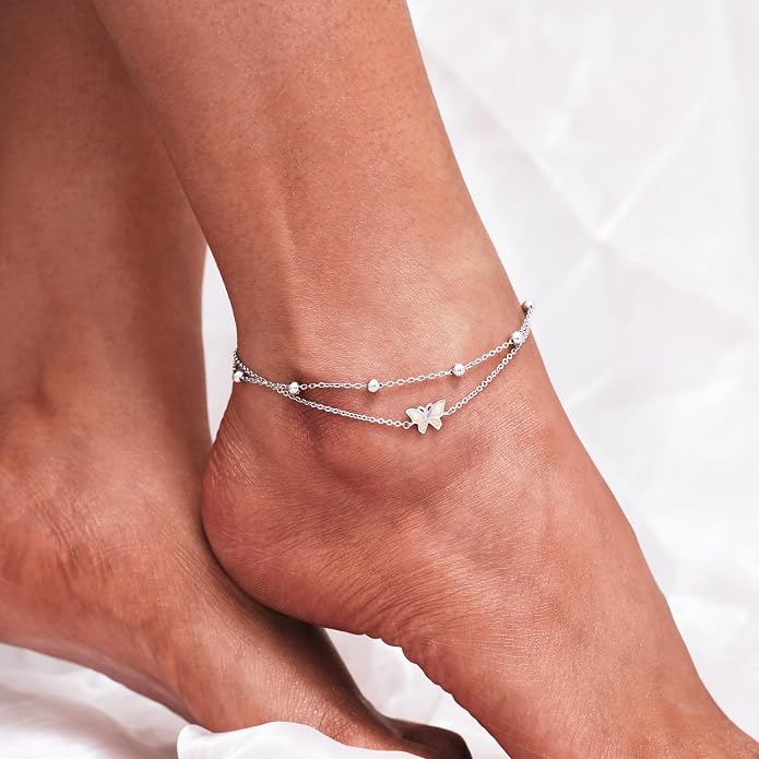 CHIC & ARTSY 925 Sterling Silver Ankle Bracelets for Women, Adjustable Layered Foot Chains with Nature & Symbol Charms, Lightweight Comfort Fit Boho Beach Everyday Jewelry