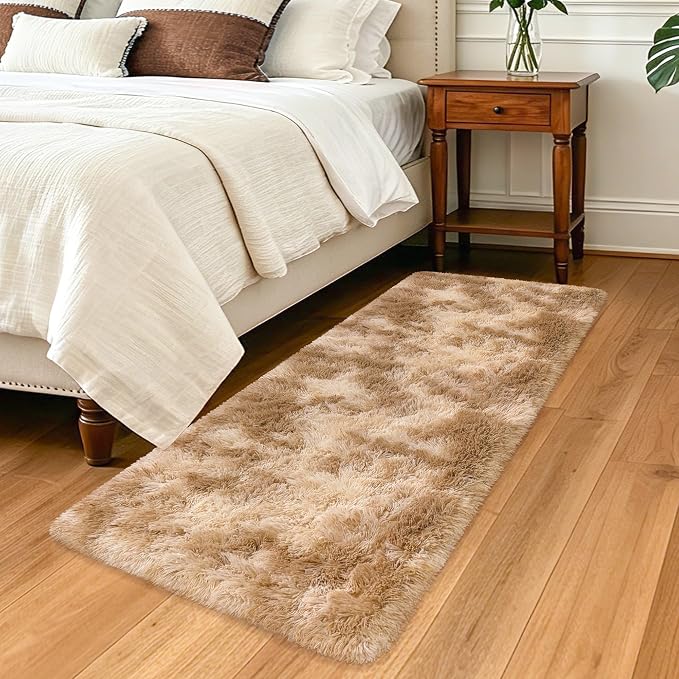 2x5 Feet Beige Fluffy Runner Rug for Bedroom, Soft Plush Shag Carpet Non Slip Washable Long Rug for Hallway Nursery Dorm Living Room, Fuzzy Bedside Rug for Kids Girls Room Decor