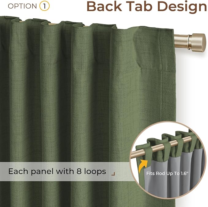 INOVADAY 100% Blackout Curtains 96 Inches Length 2 Panels Set, Back Tab/Rod Pocket Linen Black Out Curtains for Bedroom, Thermal Insulated Window Drapes - Olive Green, W50 X L96