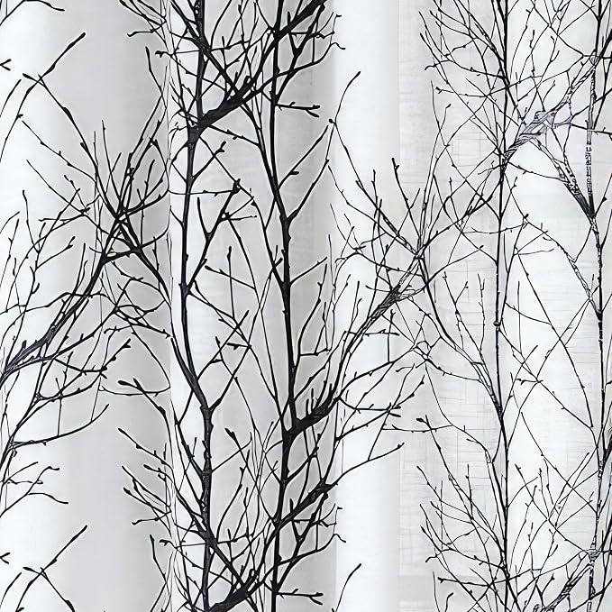 FMFUNCTEX Linen Black White Semi Sheer Print Curtains 54 Inch Long 2 Panels | Short Sheer Branch Patterned Drapes, Light Filtering Grommet Panels for Kitchen, Bathroom, Cafe Windows and Farmhouse Curtain