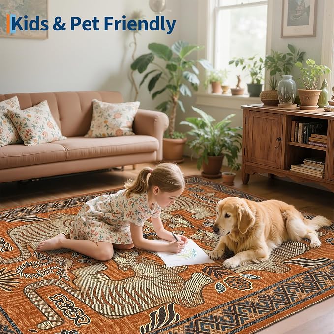 GarveeHome 3x5 Tiger Washable Area Rug for Entryway, Boho Terracotta Bedroom Rug Non Slip Low Pile Vintage Tribal Carpet Stain Resistant Throw Rug for Kitchen Dorm Kids Room Office Dining Room
