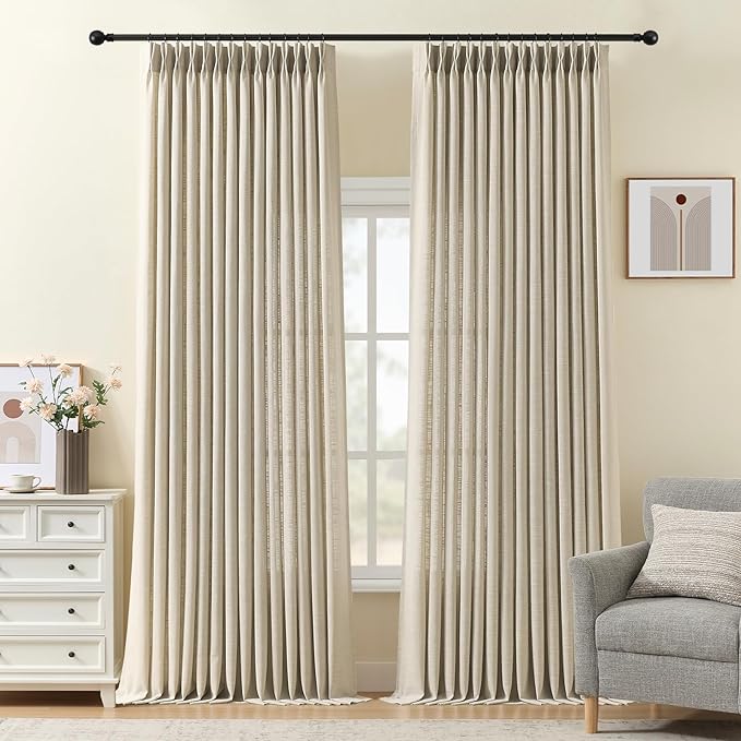 IVAPUPU Pinch Pleated Linen Curtains 108 Inches Long for Living Room, Light Filter Privacy Pleated Sheer Curtain Back Tab Drapes with Hooks for Bedroom Office, W40xL108, Burlywood Birch, 2 Panels