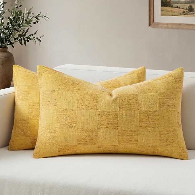 a moment Set of 2 Decorative Linen Throw Pillow Covers,Large Grid Textured Neutral Boho Farmhouse Cushion Covers,Soft Aesthetic Pillowcases for Couch Sofa Living Room Home Decor,20x12 Inch,Yellow