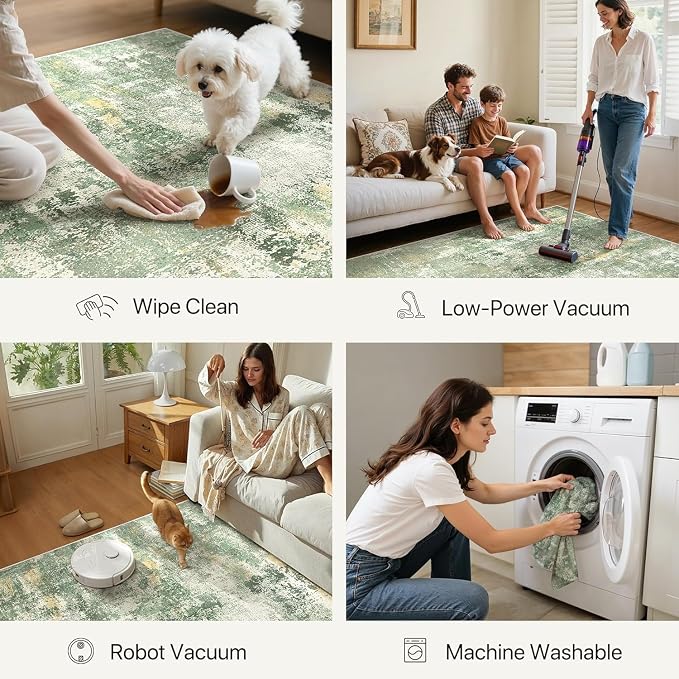 GENIMO Runner Rug Non Slip 2'6"x8', Washable Rug Runner for Hallways Kitchen, Abstract Modern Kitchen Rugs, Low Pile Lightweight Carpet Runners for Entryway, Bedroom, Laundry, Light Green