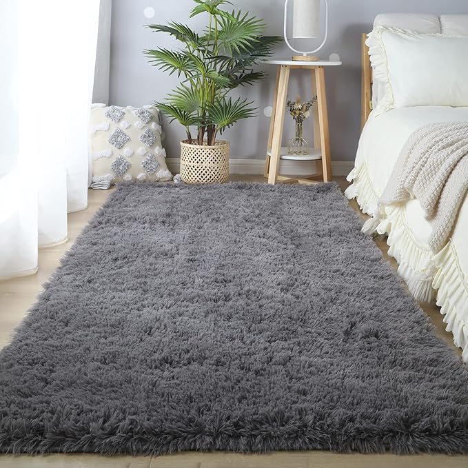 CAIYUECS Grey Area Rug 4x6 for Bedroom - Soft Plush Bedside Dorm Rug | Fluffy soft rug for college girls dorm - Aesthetic bedroom decor - Anti-slip for hard floors - Memory foam bedside comfort