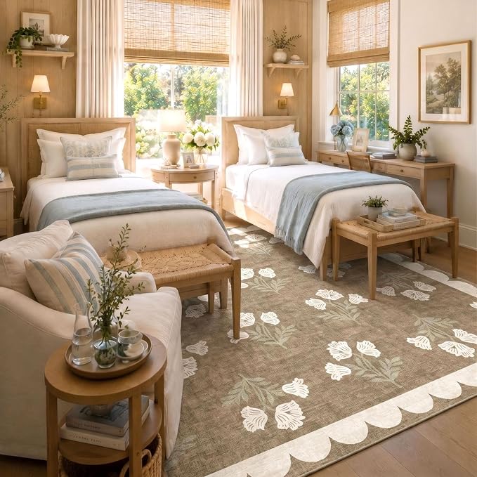 Tan Square Rugs 6ft - Soft Washable Boho Farmhouse Living Room Rug 6x6 Stain Resistant Dining Room Rugs for Under Table Cottage Floral Scalloped Area Rug for Bedroom Nursery Twin Beds Room