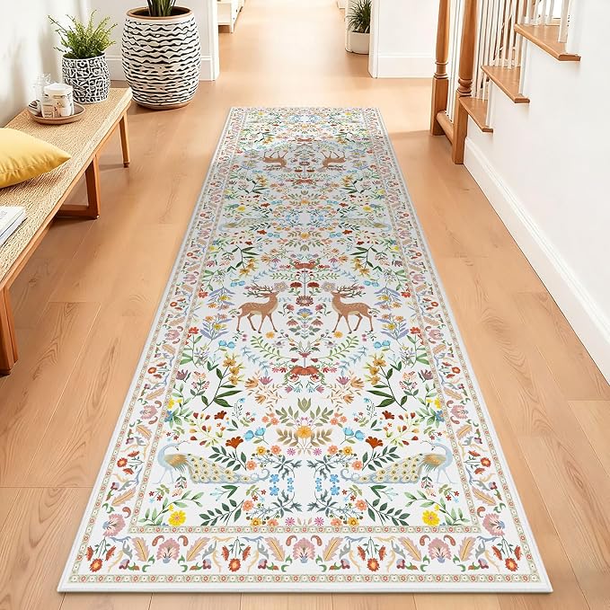 Lunasun 2x6 White Runner Rug for Kitchen, Entry Way - Bathroom Runners, Non Slip Washable Floral Print Home Decor