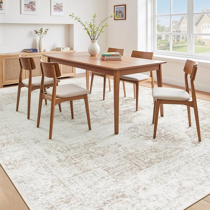 8X10 Area Rugs for Living Room, Washable Rugs Beige Vintage Medallion Non-Slip Soft Low Pile Rug Large Indoor Retro Carpet for Bedroom Dining Room Home Office Nursery Room(Beige,8'x10')