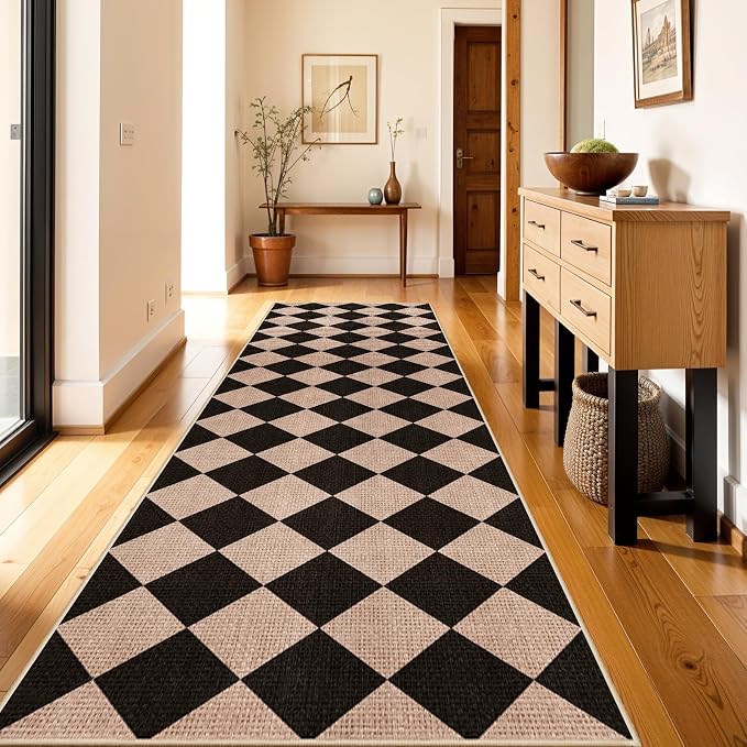 3x10 Runner Rug for Hallways: Washable Non Slip Kitchen Long Jute Runners | Extra Long Carpet for Bathroom Office Laundry Dining Living Room - Durable Floor Mat, Boho Farmhouse Decor (Black/Brown,3x10)