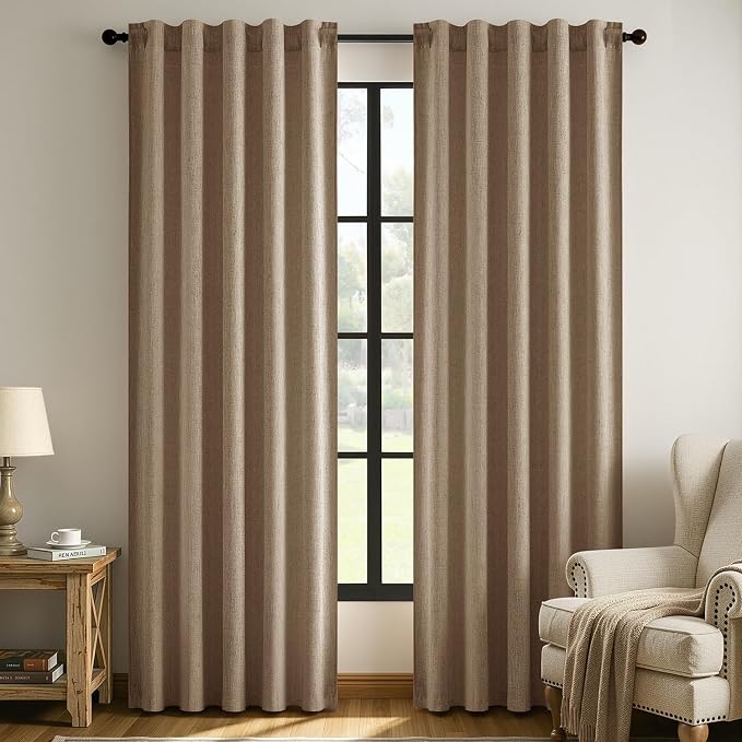 MIULEE Thick Linen Curtains, 42Wx72L, Brown Tan Semi Sheer Linen Textured | Light Filtering Window Privacy Drapes with Back Tab Rod Pocket for Farmhouse/Living Room/Bedroom, Set of 2