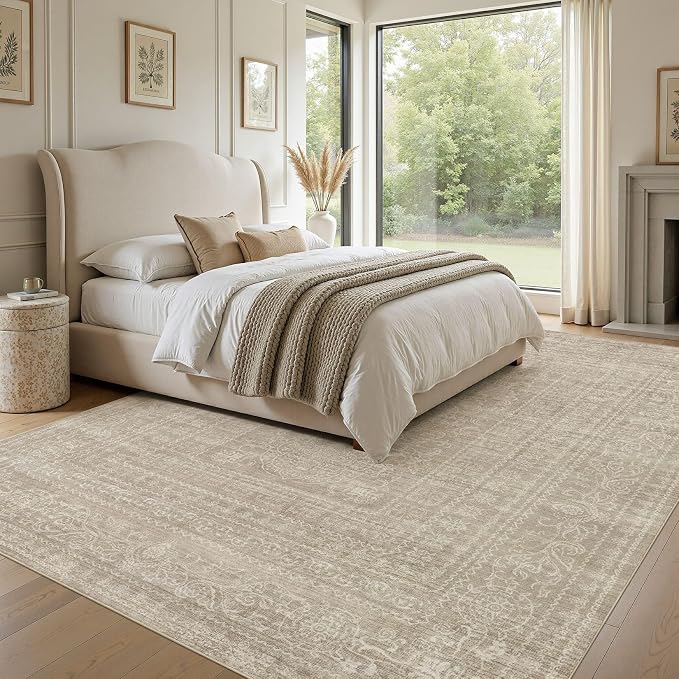Nakagishi 12x15 Area Rugs Living Room: Washable Large Vintage Rug Neutral Non-Slip Soft Stain Resistant Indoor Carpet for Bedroom Nursery Dining Room Office Playroom - Brown