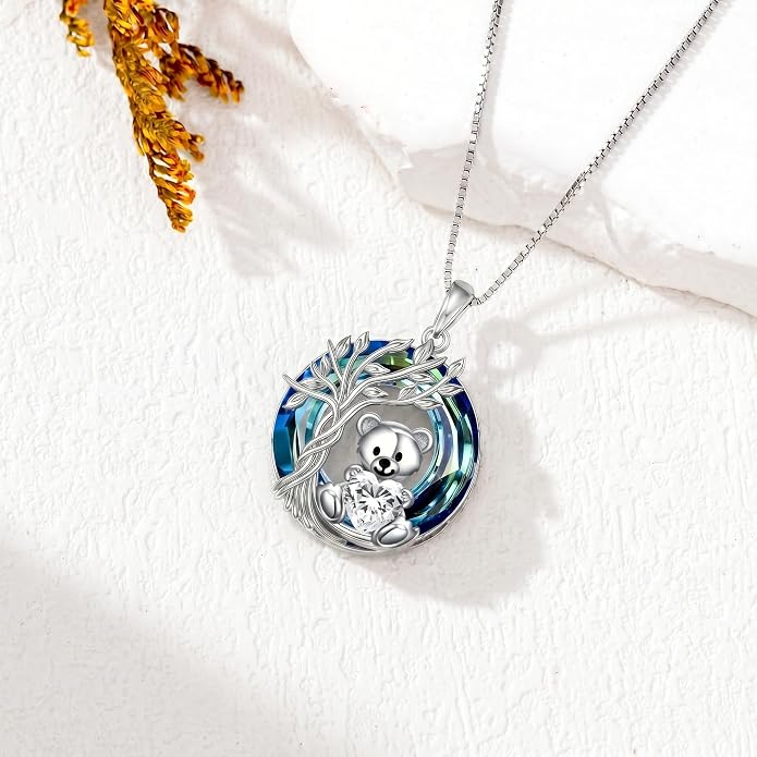 PELOVNY Teddy Bear Necklace for Women 925 Sterling Silver Bear/Highland Cow/Fox/Cat/Axolotl Birthstone Necklace Christmas Birthday Jewelry Gifts for Mom Daughter Wife Sister