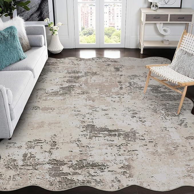 ROYHOME Modern Abstract Scalloped Area Rug 10x13 Non Slip Non Shedding Rug Low Pile Stain Resistant for Bedroom Living Room,Brown Grey