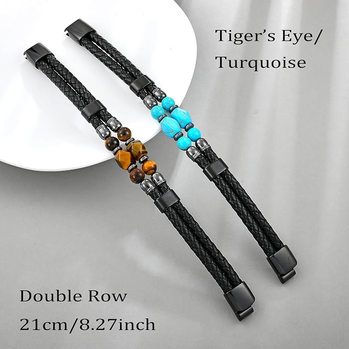 Mens Turquoise/Lapis Lazuli/Tiger Eye/Black Agate/Obsidian Leather Braided Bracelets for Father's Day/Birthdays/Graduation Jewelry Wristband Cuff Bracelet with Stainless Steel Clasp