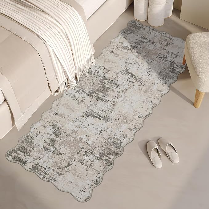 ROYHOME Modern Abstract 2x6 Scalloped Runner Rug Washable Non Slip Stain Resistant Rug for Hallway Kitchen Bedroom Non Shedding Low Pile Indoor Floor Cover, Brown Grey