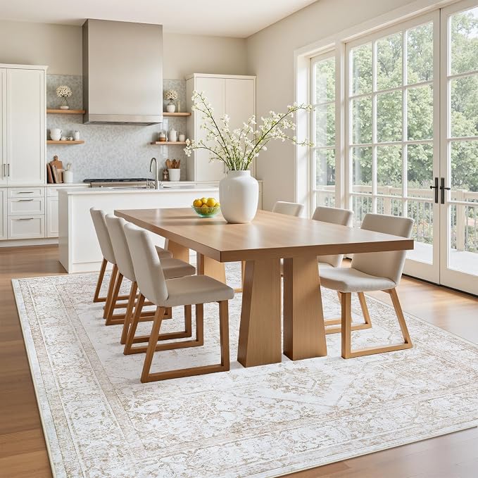 4x6 Area Rugs for Bedroom:Beige Washable Vintage Medallion Rug Non-Slip Soft Low Pile Large Rugs Indoor Retro Carpet for Living Room Kitchen Nursery Dining Table Office (Beige, 4'x6')
