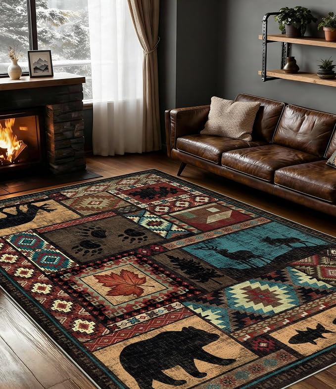 YIHOUSE Rustic Cabin Area Rug 5x7,Machine Washable Lodge Bear Rug,Non-Slip Low Pile Print Pattern Southwestern Rug for Living Room Bedroom