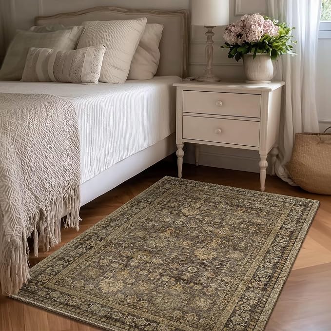 Washable 3x5 Entryway Rug, Boho Vintage Non-Slip Door Mat, Deep Brown | 0.3" Neutral Throw Small Rugs for Bedroom Kitchen Nursery Entrance, Cushioned for High-traffic Area