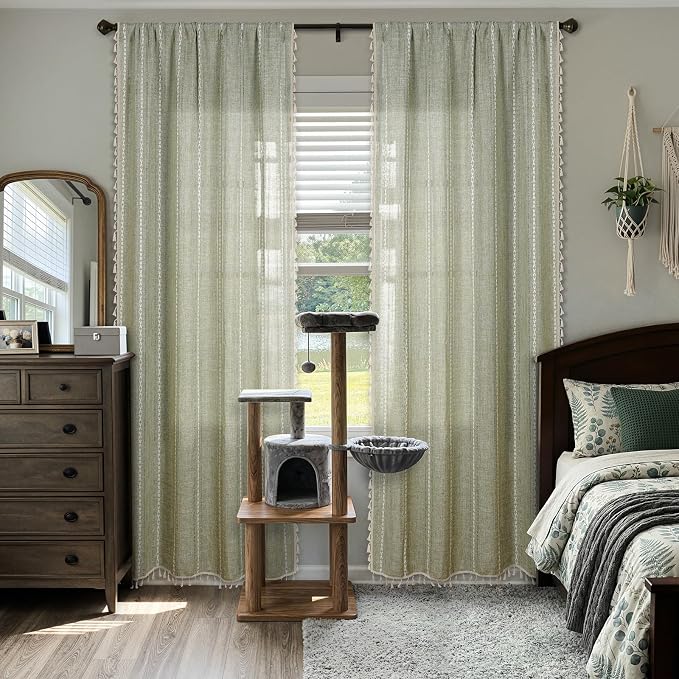 ColorBird Boho Curtains Linen-Textured Sage Green for Living Room Bedroom Light Filtering 84 Inches Modern Farmhouse Whimsical Decor Embroidered Striped for Nursery Door Dining Room