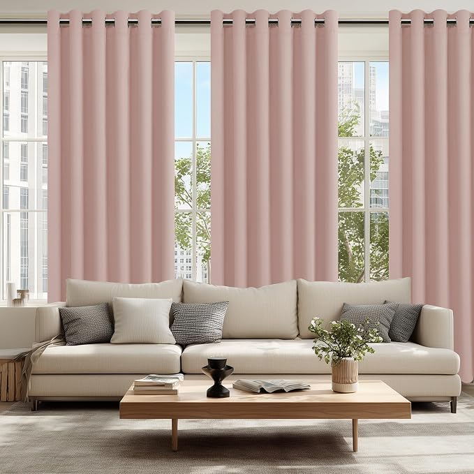 Hiasan Room Darkening Curtains for Bedroom, 70 x 84 Inches - Blackout Thermal Insulated Window Drapes for Living Room/Dorm Room, Set of 2 Panels Sewn with Tiebacks, Blush