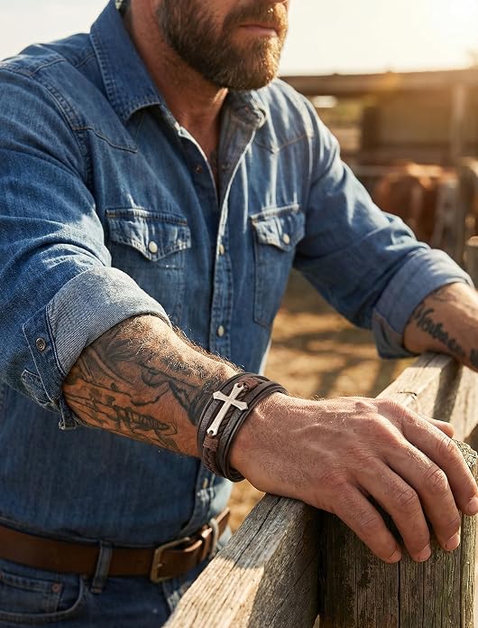 Mens Leather Cross Bracelet Multilayer Braided Wristband Bangle Bracelets with Stainless Steel Buckle Religious Gift for Men Brown/Black/Blue–8.3 inch