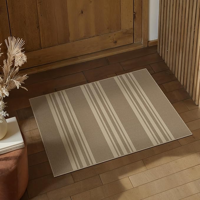 PureCozy Outdoor Rug 2x3 Washable Striped Jute Look Non Slip Mat | Khaki Stripe Farmhouse Design, Indoor Outdoor Entryway Door Mat for Kitchen, Mudroom and Bathroom, Non Shedding, Easy Care
