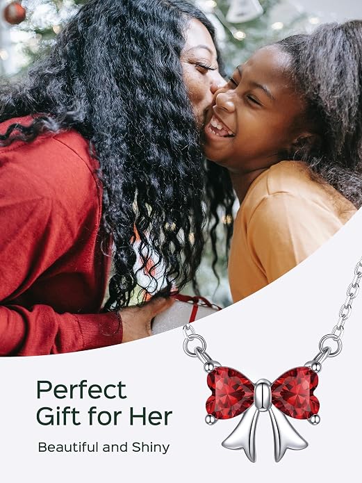 ChicSilver Bow and Cat Birthstone Necklace, 925 Sterling Silver Pendant Necklaces for Women, Hypoallergenic Silver Choker with 16 inch Rolo Chain, 12 Months Jewelry for Valentines Mothers Day Christmas