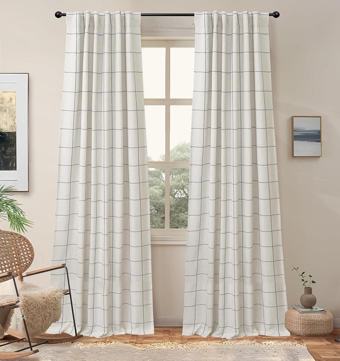 DriftAway 100% Blackout Plaid Linen Curtains 108 Inches Long 2 Panels Gray | 100% Blackout, Linen Texture, Plaid Pattern, Two Layers, Rod Pocket & Back Tab, Bedroom Living Room Use, Luxury Appearance