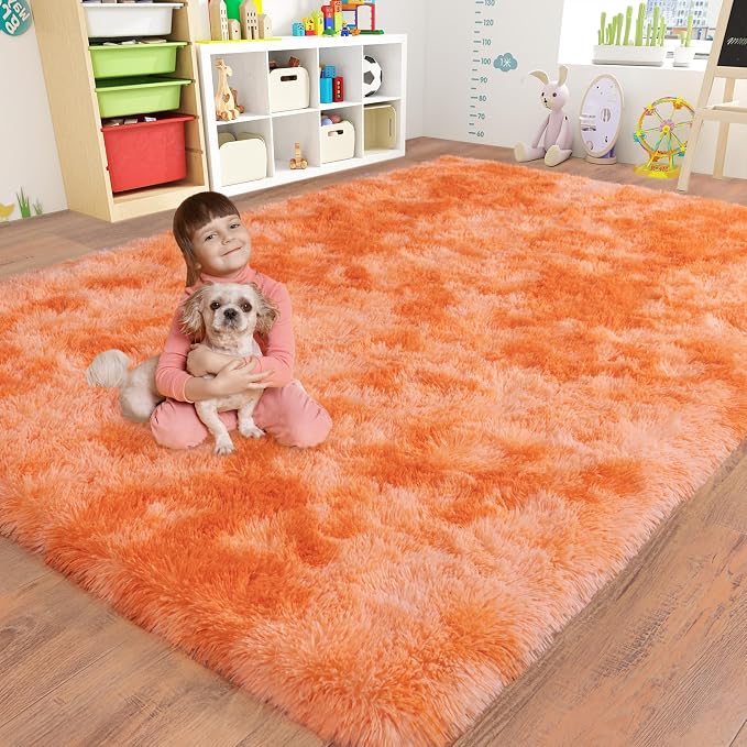 5x7 Area Rugs for Living Room, Orange Tie-Dyed Plush Fluffy Carpet | Upgrade Non-Slip Thick Large Orange Area Rug for Nursery Kids Room Dorm Room Home Decor, Indoor Plush Floor Carpet