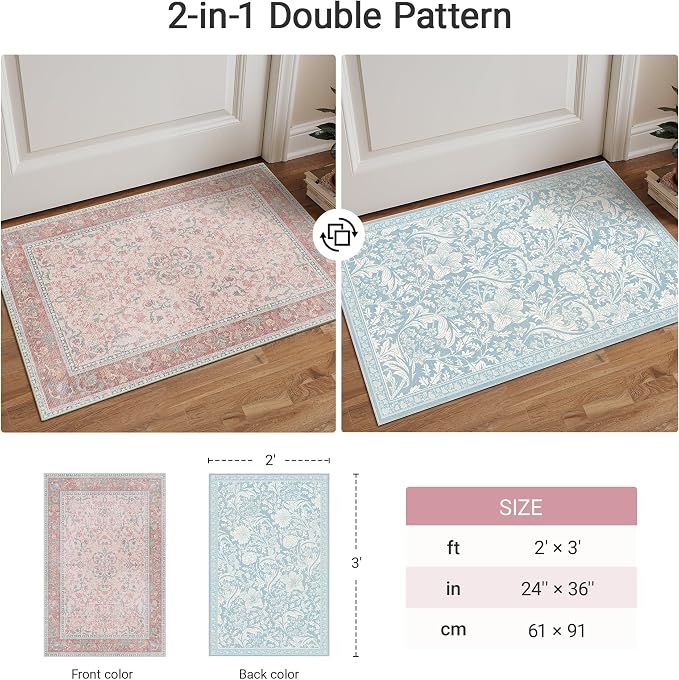 Bavni Small Throw 2x3 Vintage Floral Rug, Washable Non Slip Cute Area Rug for Entryway, Bedroom, Kitchen or Bathroom, Low Pile Carpet, Pink Blue