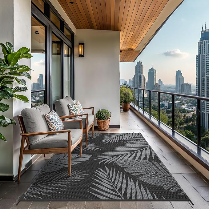 GENIMO Outdoor Rug, Waterproof Plastic Rugs for Patio, 5'x8' Black Grey | Outside Larger Leaf Carpet Mat for Porch Decor, Deck, Balcony, Camping, RV, Backyard, Picnic, Beach, Reversible, Foldable
