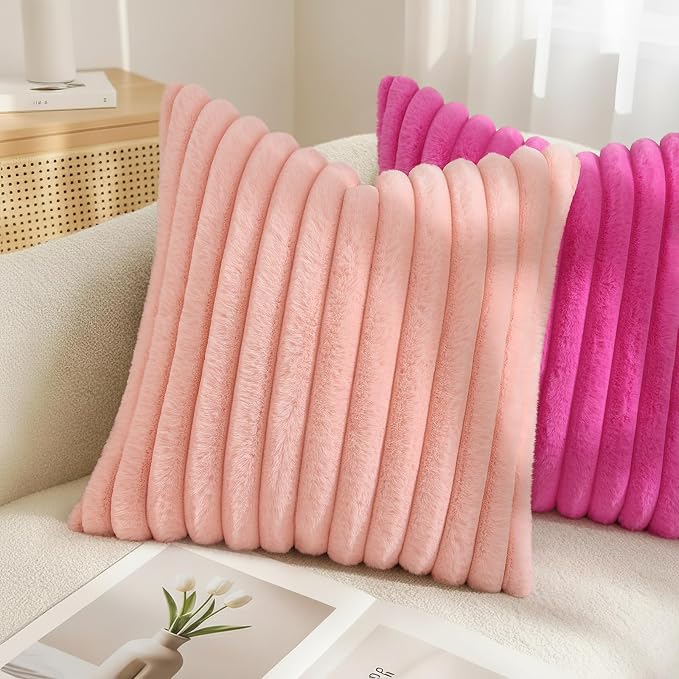 decorUhome Fall Faux Fur Throw Pillow Covers 18x18 Set of 2 Blush Pink | Decorative Soft Cozy Striped Plush Modern Farmhouse Boho Couch Pillow Cases Velvet Back for Sofa Bed Living Room Home Decor