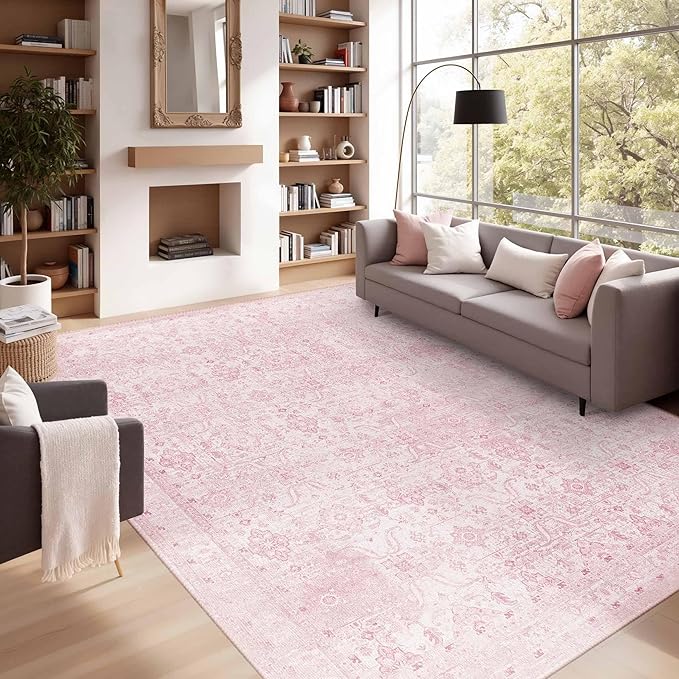 Rugxara Pink Rug 6x9 Area Rugs Washable Rug for Living Room Girls Bedroom | Non Slip, Rug for Dining Room Nursery Kids Room Dorm, Stain Resistant, Soft, Low Pile, Vintage Floral Carpet, Home Decor