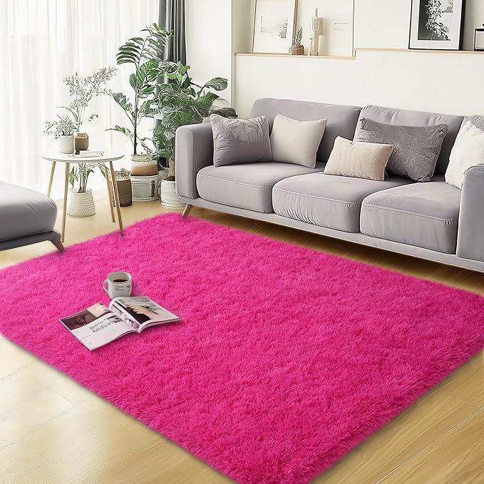 qulint Hot Pink Rugs for Bedroom Girls, 3x5 Small Area Rug for Living Room | Fluffy Shaggy Kids Rug Plush Shag Carpet, Fuzzy Modern Carpet for Nursery Classroom Dorm Home Decor