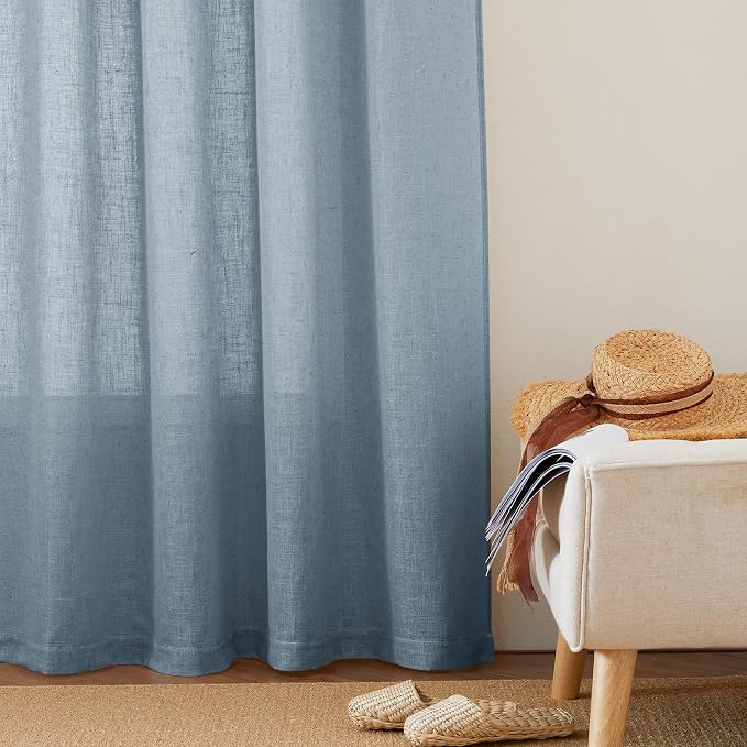 RYB HOME Blue Linen Sheer Curtains for Living Room Kids Room, Semi Transparent Elegant Flax Linen Texture Breathable Durability Decor 72 inch Length, W 52 x L 72 inches, Dusty Blue, 2 Panels