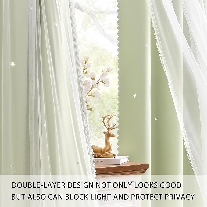 XiDi Sage Green Blackout Curtains for Kids Bedroom 72 Inch Length 2 Panels Double Layer Curtains with Sheer Overlay Privacy Thermal Insulated Grommet Window Star Curtains for Living Room W52 x L72