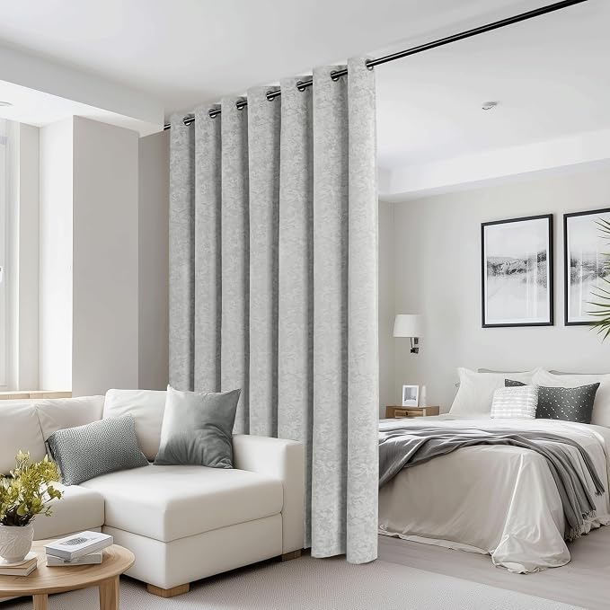Beauoop Grey Floral Jacquard Blackout Sliding Door Curtains 100x84 1 Set | Flower Chenille Room Darkening Patio Curtains Extra Wide Room Divider Drapes Thermal Soundproof Window treatment Grommet